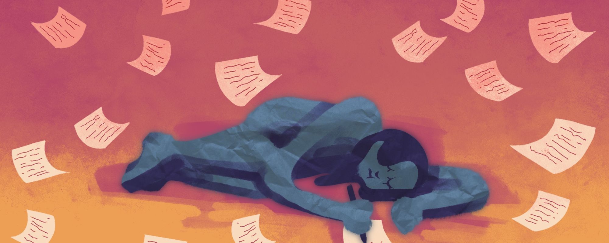 a sad blue figure lays on the floor writing a letter, as pages of writing fall around her on a background that transitions from pink to orange