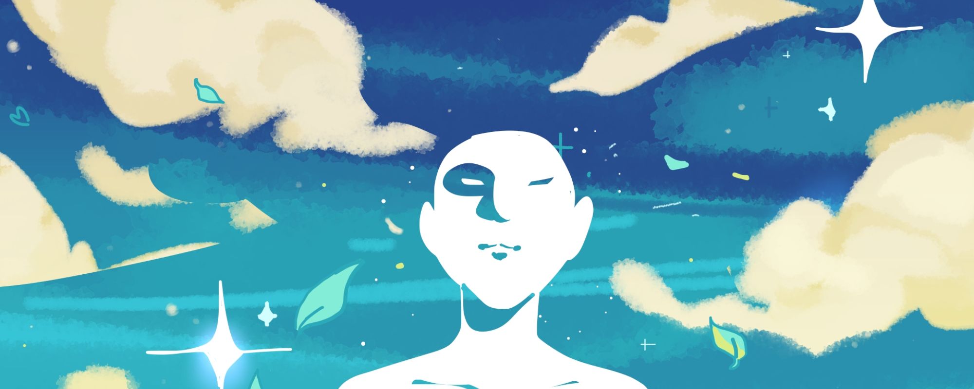 a white figure against a starry blue background with white clouds and floating leaves and hearts