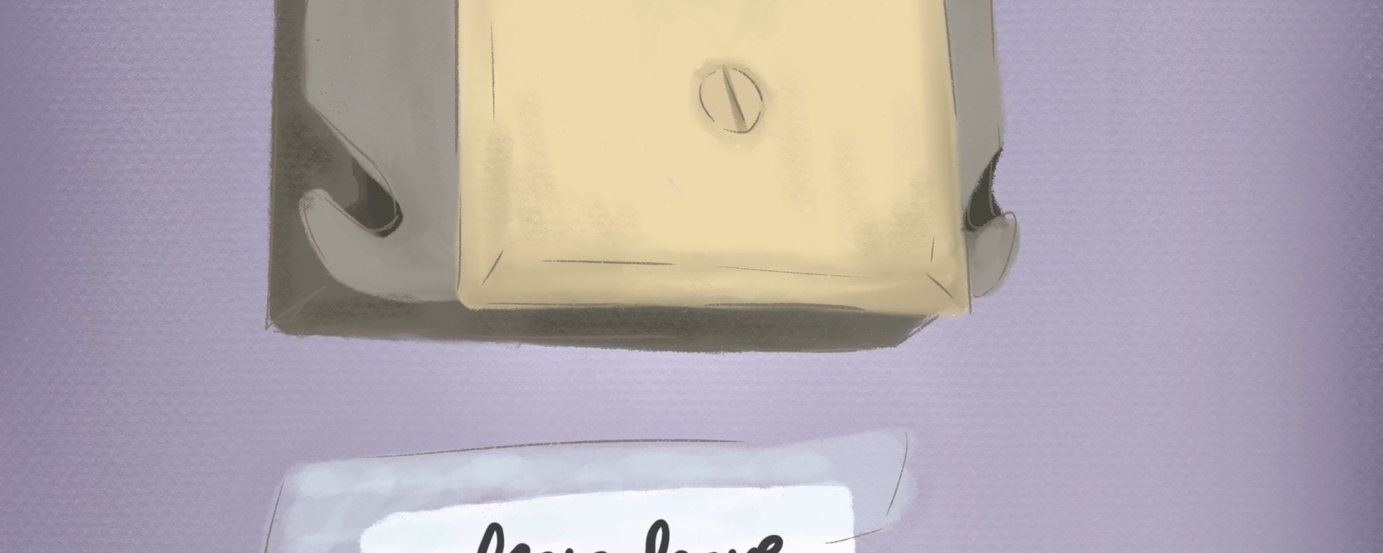 a yellow lightswitch on a purple wall