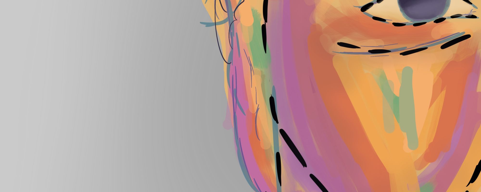half of a man's sculpted and strikingly handsome face colored in shades of purple, pink, orange, yellow, and green, all on a gray background