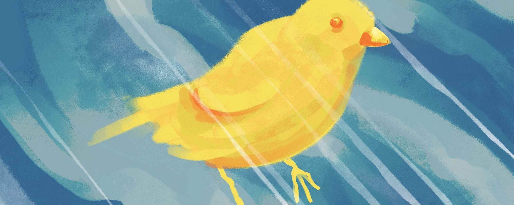 a small yellow bird on a blue, cloudy, and windy background