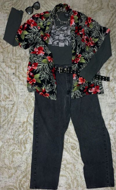 outfit with black shirt and black jeans and floral shirt over top