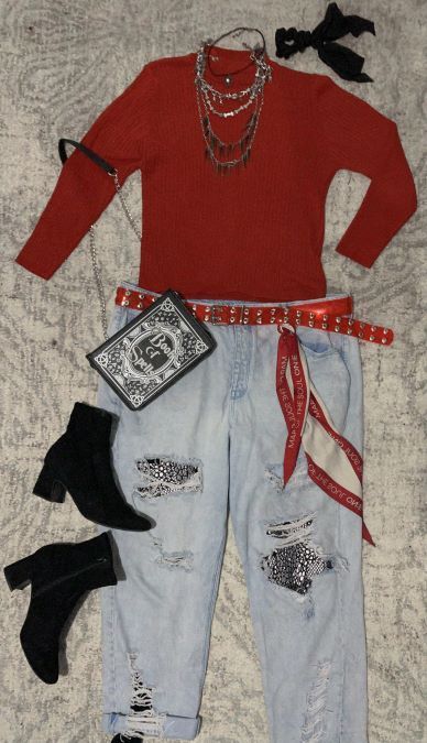 outfit with red long sleeve, ripped light wash denim jeans, and black boots